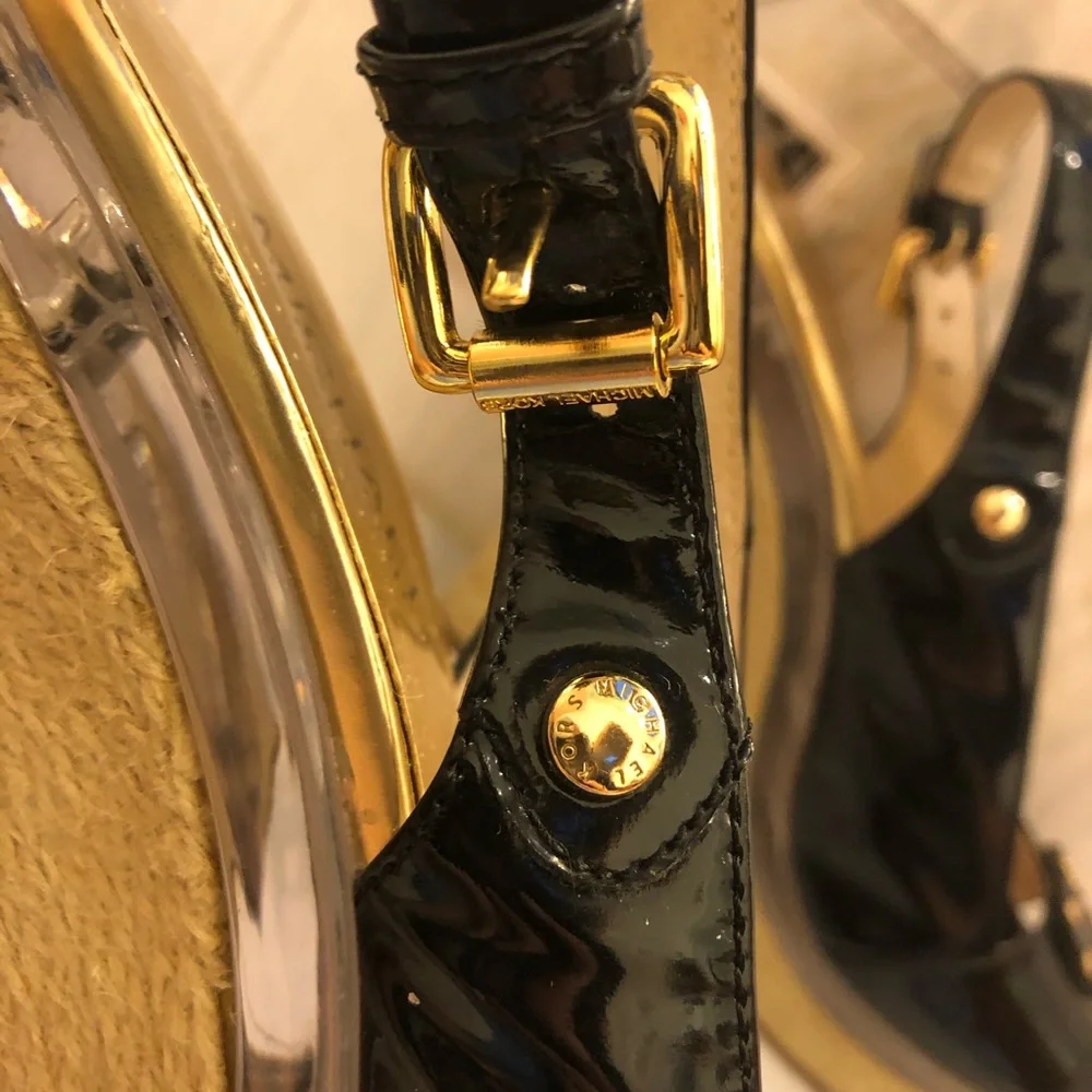 MICHAEL Michael Kors Black Patent Leather Wedge Sandals Espadrille Gold Stud 8.5
